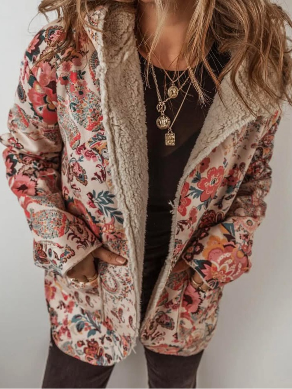 Floral Teddy Jacket in Pink & Cream by